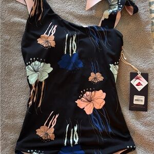 ANCORA the diving adventure Black and Pink Leaf Print Swimsuit S new with tags